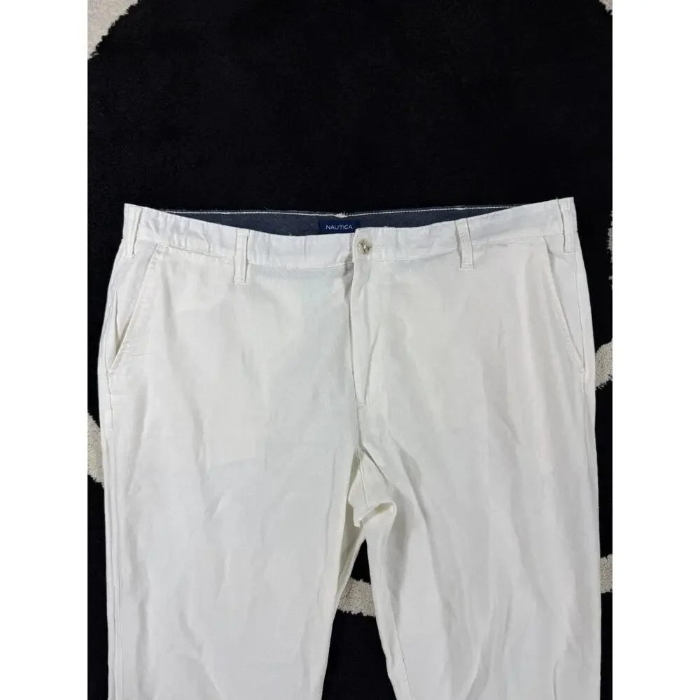 Nautica Pants Mens 42x32 Cream Linen Blend Casual Beach Cotton Trousers